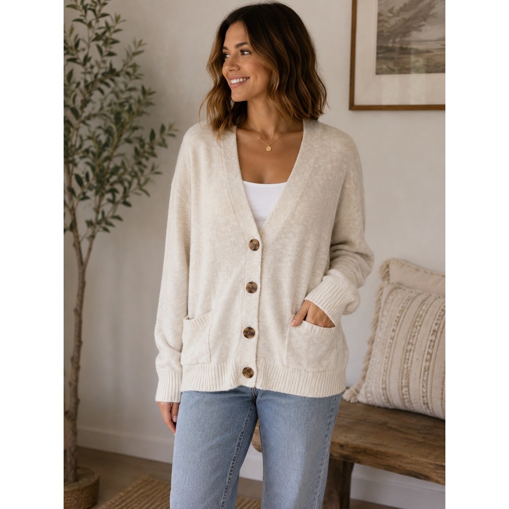 J.Crew Beach Cardigan Women XXL Cream Cotton Blend Knit Minimalist Coastal‎ Chic